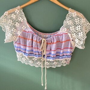 Free People beige crochet sleeves multi lace casual crop off shoulder top blouse